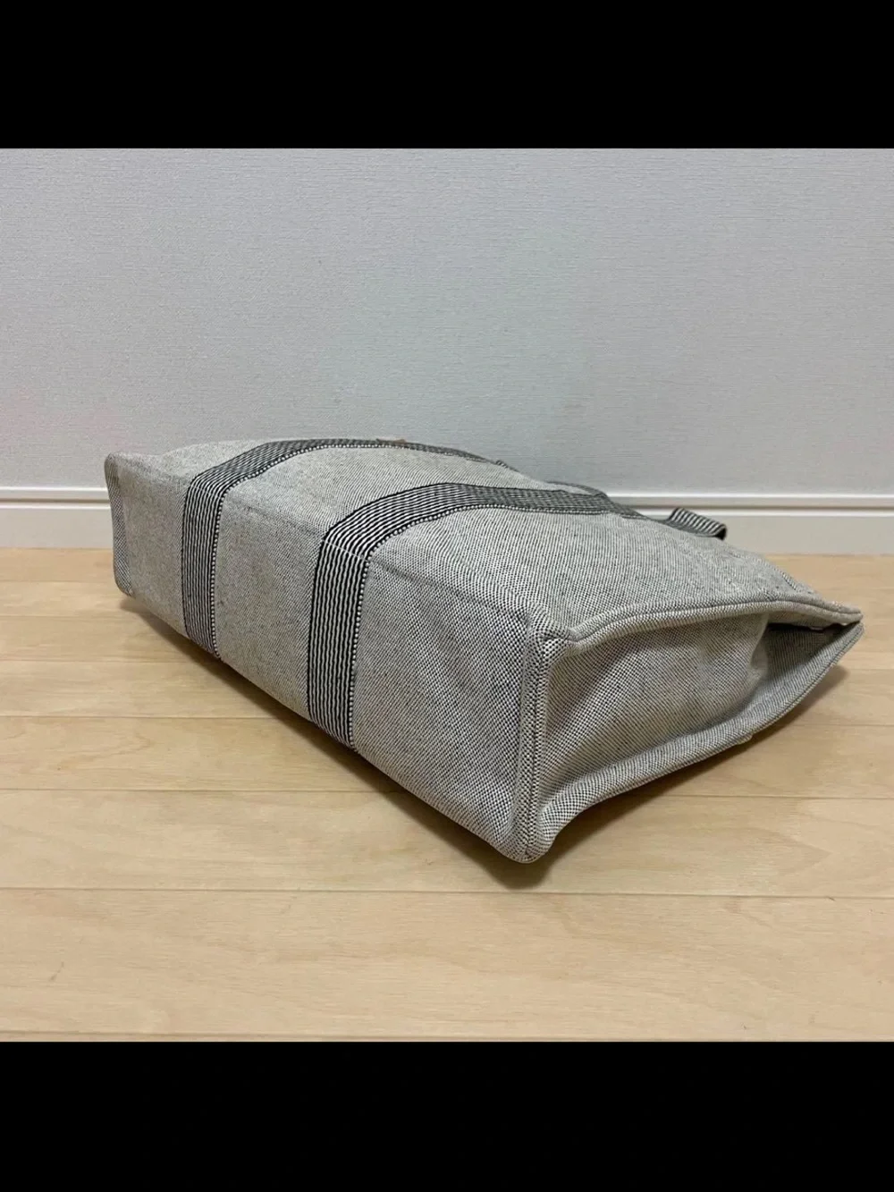 Hermes Gray Canvas Tote with Striped Web Handles